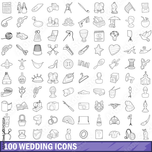100 wedding icons set, outline style
