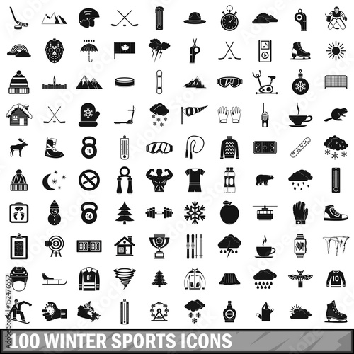 100 winter sport icons set, simple style  photo