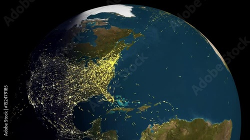 Data/information/traffic/people moving from country to country.  Imagery used with permission from NOAA, Mapping and Animation by Rebus_Prod.