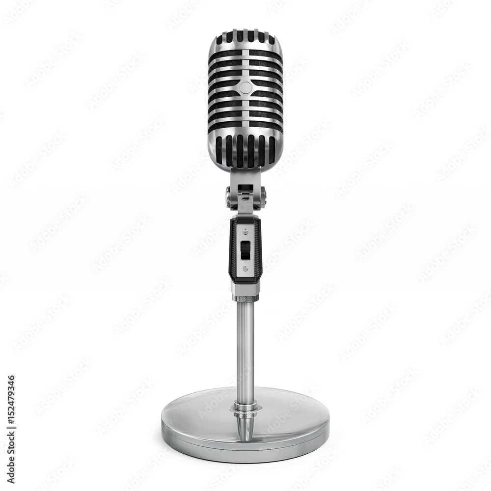 Fototapeta premium Vintage classic silver microphone with tabletop stand.Realistic 3D rendering.Isolated on white background.Front view.