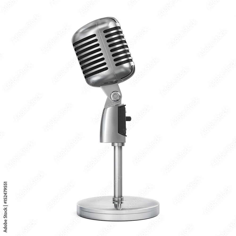 Vintage classic silver microphone with tabletop stand.Realistic 3D