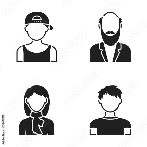 Boy in a cap, redheaded teenager, grandfather with a beard, a woman.Avatar set collection icons in black style vector symbol stock illustration web.