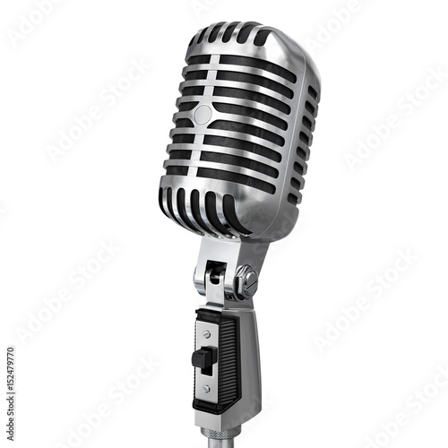 Vintage classic silver microphone.Realistic 3D rendering.Isolated on white background.Closeup half side view.