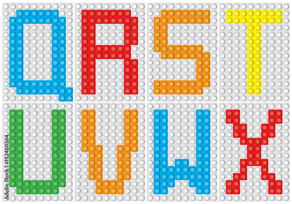 Bricks alphabet set, letters : Q R S T U V W X / vector illustration