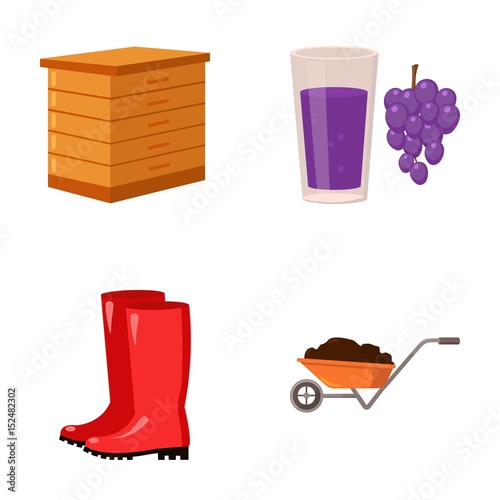 Hive, grapes, boots, wheelbarrow.Farm set collection icons in cartoon style vector symbol stock illustration web.