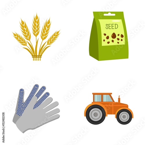 Spikelets of wheat, a packet of seeds, a tractor, gloves.Farm set collection icons in cartoon style vector symbol stock illustration web.