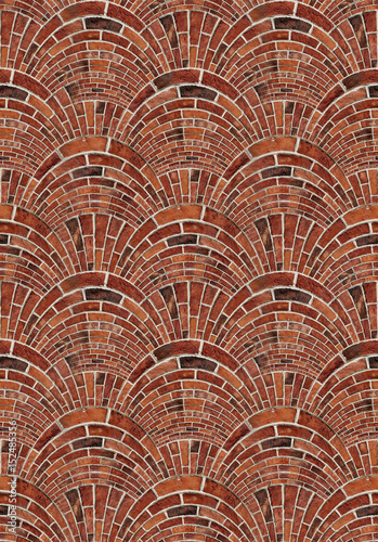 Seamless texture red brown bricks wall background abstract pattern texture. Arch arc mosaic bricks wall terracotta colors. Red bricks wall street mosaic. Bricks gray white concrete. Brick arch shape