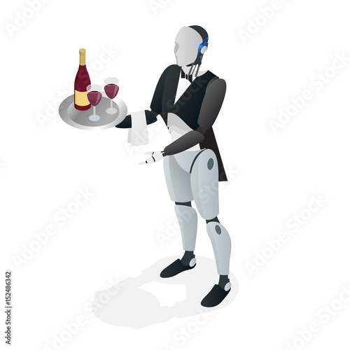 Robot waiter in tuxedo and gloves holding a wine and goblets tray and napkin. Restaurant concept. Flat isometric vector illustration