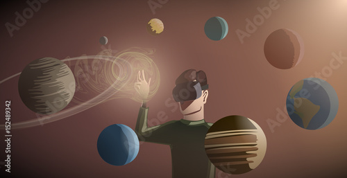 Illustration of boy wearing virtual reality goggles studying solar system. Technology innovation 360 degrees computer system education concept vector.