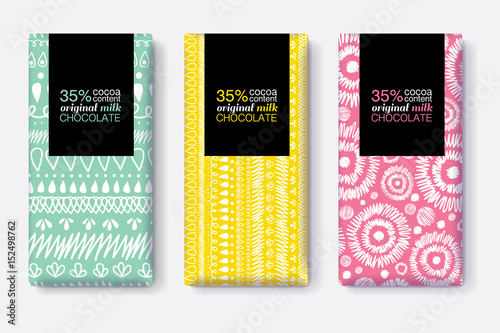 Vector Set Of Chocolate Bar Package Designs With Modern Vibrant Tribal Ikat P...