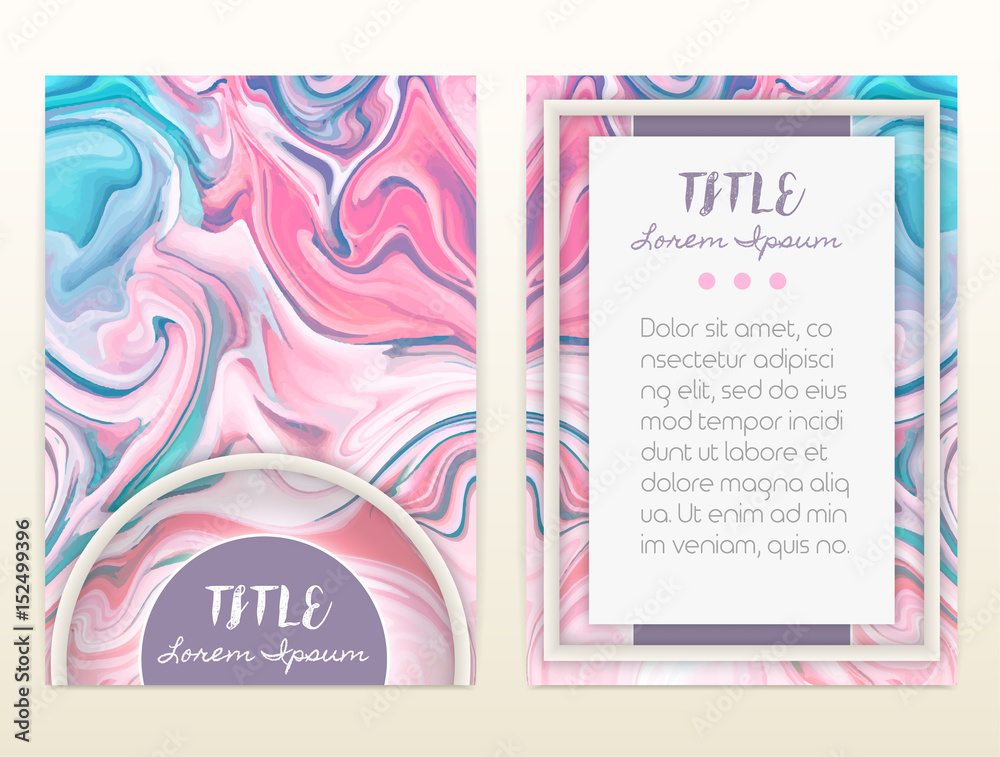 Cover design with marbling. Marble texture. Paint splash. Colorful fluid. It can be used for brochure, card, cover book, catalog. Size A4. Vector illustration, eps10