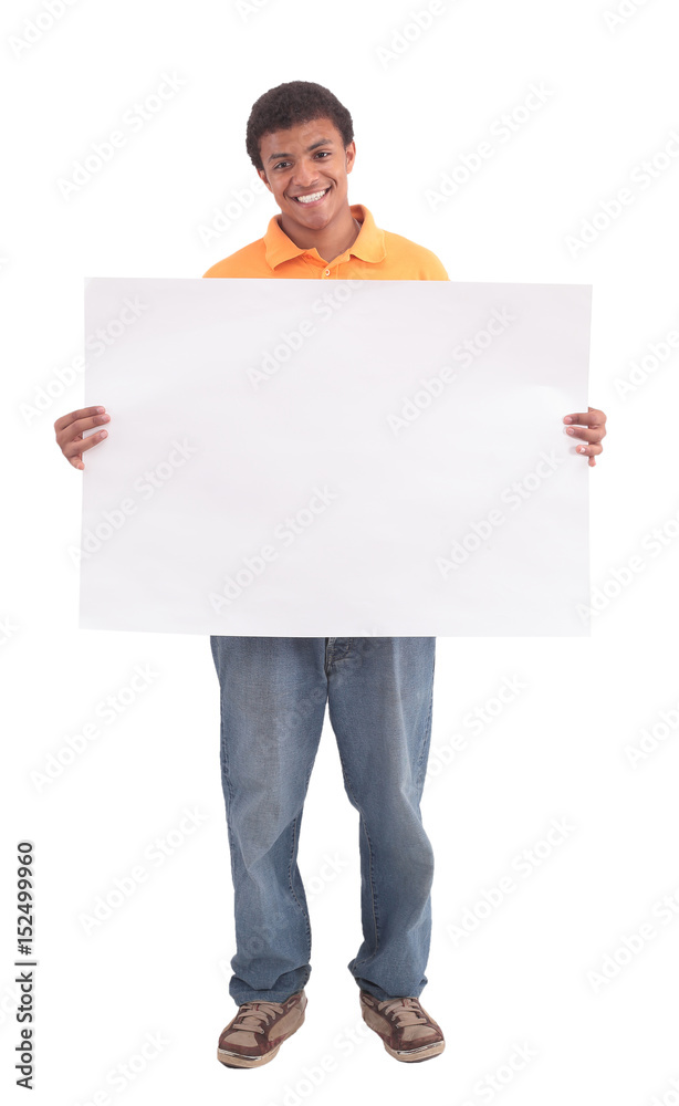 Portrait of student showing banner. Portrait of student showing banner.