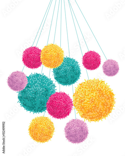 Vector Colorful Pom Poms Bunch Hanging Decorative Element. Great for nursery room, handmade cards, invitations, baby designs.