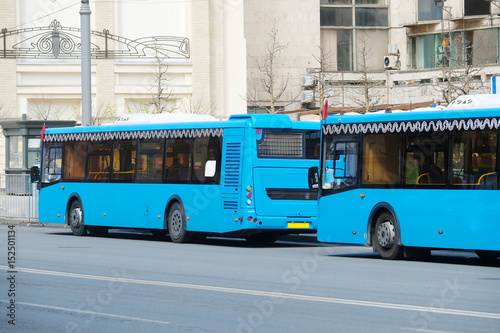 Moscow, Russia - May, 7, 2017: buses on a bus stop in the center of Moscow