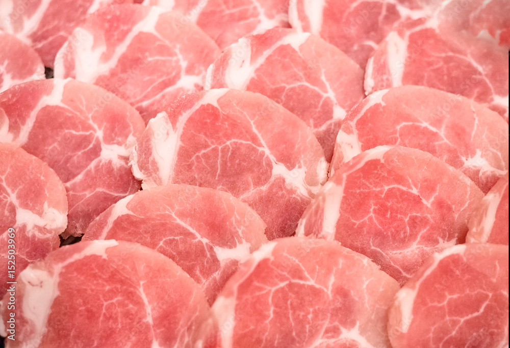 Frozen raw pork slice background ,raw meat for BBQ