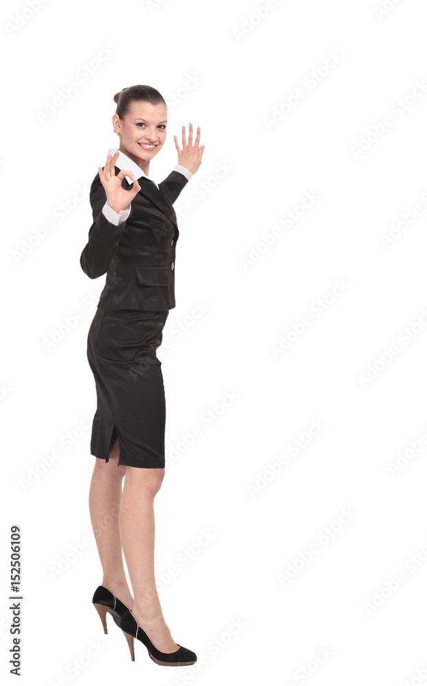 Beautiful business woman is showing okay sign with happiness. Beautiful business woman is showing okay sign with happiness.
