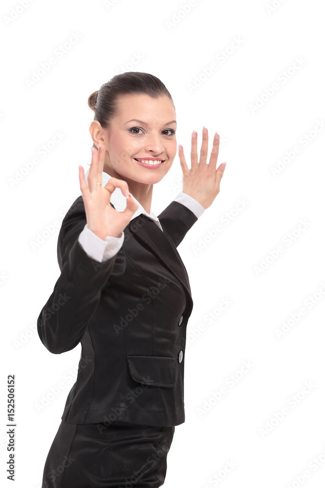 Attractive business woman is showing okay sign with happiness. Attractive business woman is showing okay sign with happiness.