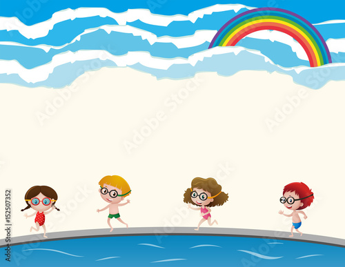 Four kids in swimming suit and goggles