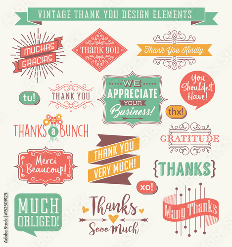 Set of thank you card design elements in a variety of styles. Easy to edit. Vector illustration.