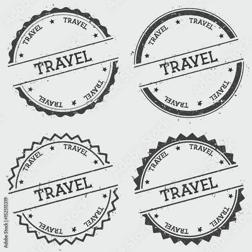 Travel insignia stamp isolated on white background. Grunge round hipster seal with text, ink texture and splatter and blots, vector illustration.