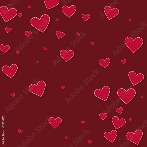 Cutout red paper hearts. Abstract scattered pattern on wine red background. Vector illustration.