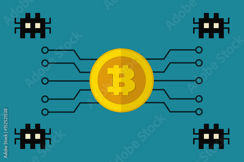 Bitcoin cryptographic currency under malware attack flat design vector