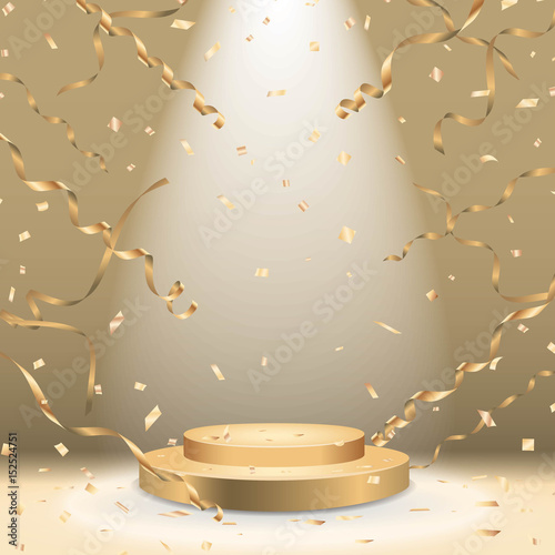 Golden podium with spotlight and confetti Vector