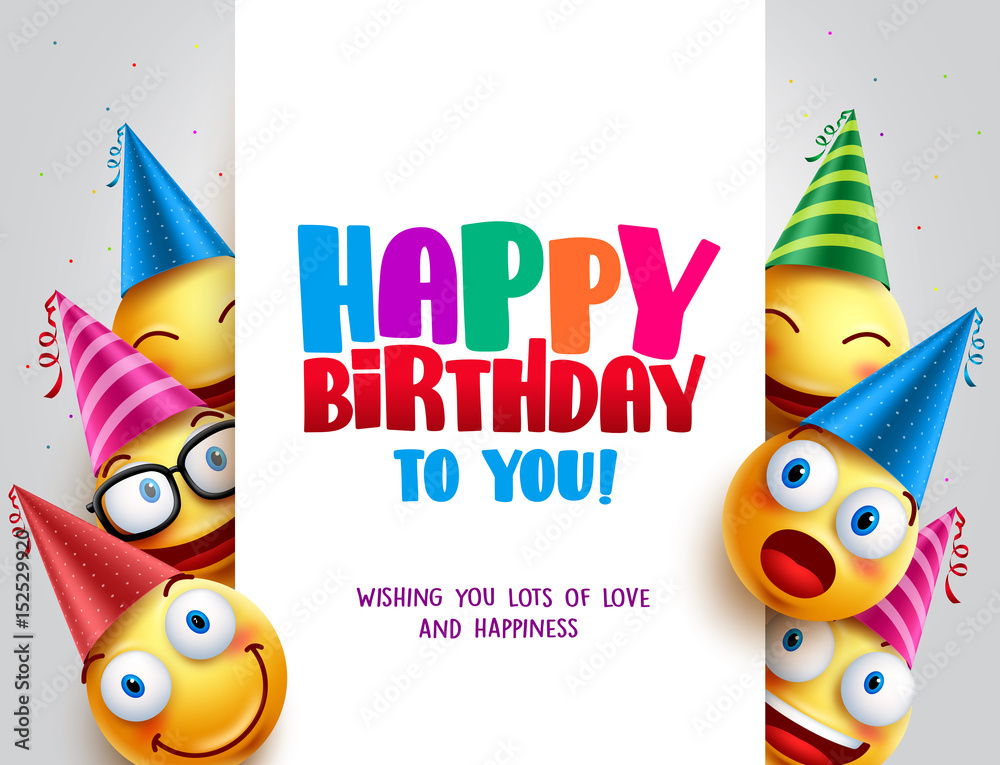 Happy birthday vector design with smileys wearing birthday hat in white empty space for message and text for party and celebration. Vector illustration.
 - obrazy, fototapety, plakaty 