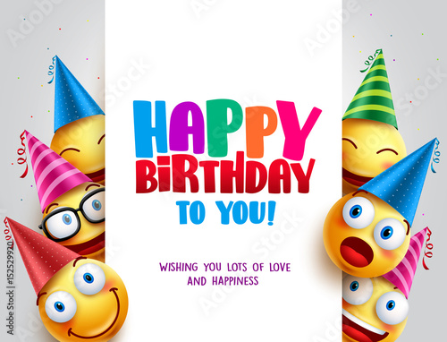 Happy birthday vector design with smileys wearing birthday hat in white empty space for message and text for party and celebration. Vector illustration.
