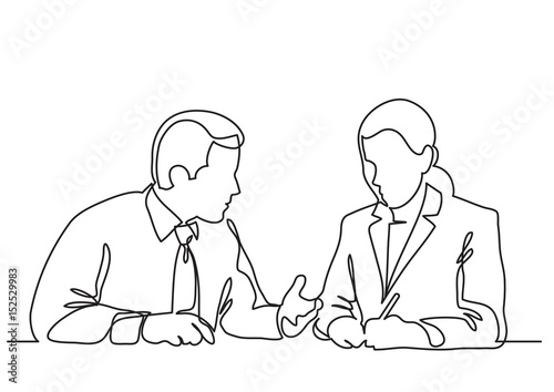 sitting businessman and business woman discussing work process - continuous line drawing