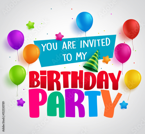 Birthday party invitation background vector design with greetings and colorful balloons and birthday elements in white. Vector illustration.

