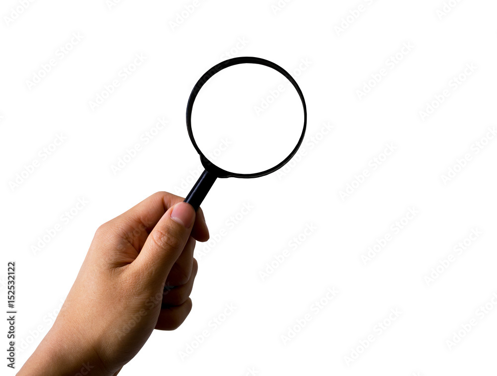 Hand holding magnifying glass, isolated on white background, with clipping path Hand holding magnifying glass, isolated on white background, with clipping path