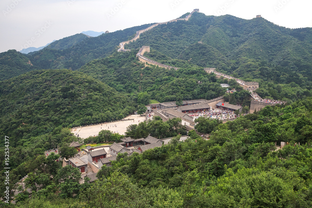 People visits Great Wall of China not far from Beijing, top view