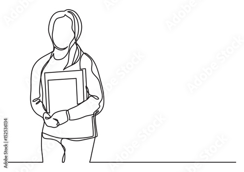 female student with books - continuous line drawing