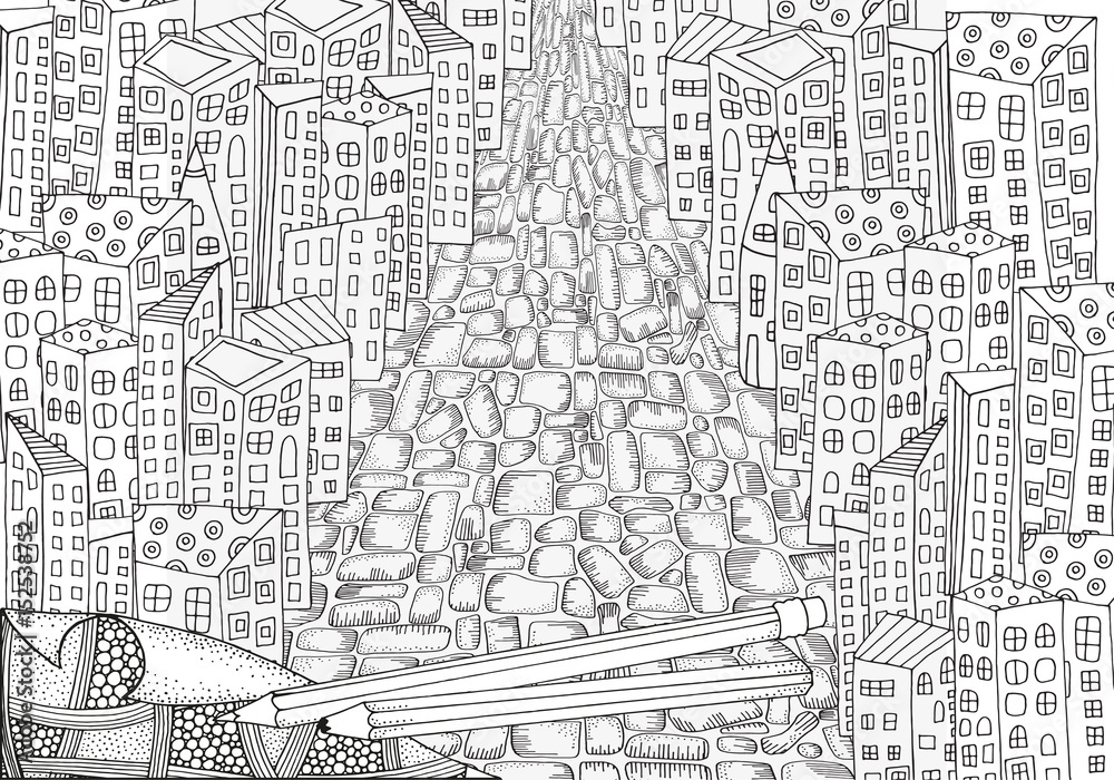 Fototapeta premium Pattern for coloring book with artistically city houses. Magic City.
