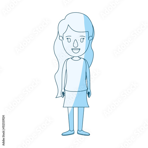 blue silhouette shading cartoon full body woman with wavy long hair in skirt vector illustration