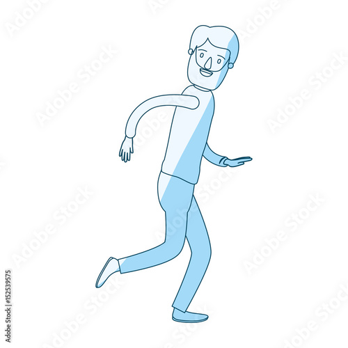 blue silhouette shading cartoon full body man with beard and moustache running vector illustration