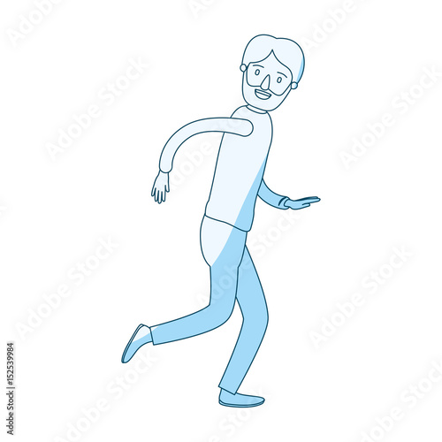 blue silhouette shading cartoon full body man bearded running vector illustration