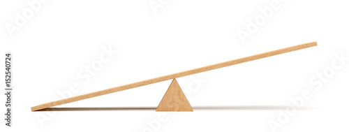 3d rendering of a light wooden seesaw with the left side leaning to the ground on white background. photo