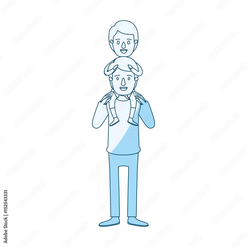 blue silhouette shading caricature young father with boy on his back vector illustration blue silhouette shading caricature young father with boy on his back vector illustration