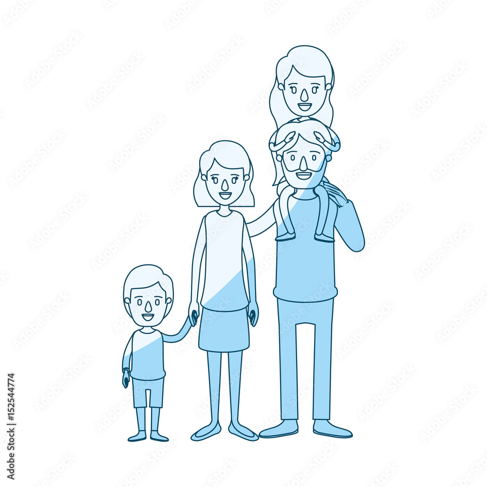 blue silhouette shading caricature big family parents with girl on his back and son taken hands vector illustration blue silhouette shading caricature big family parents with girl on his back and son taken hands vector illustration