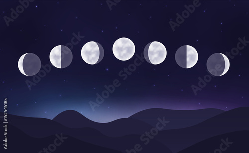 Lunar cycle in the night sky with stars. Landscape. Vector illustration.