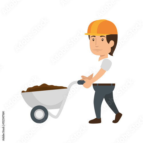 construction worker holding a wheelbarrow with soil icon over white background. colorful design. under construction concept. vector illustraiton