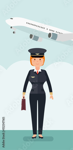 Female civil aviation pilot in the background of the plane and the airport. Vector flat style illustration.