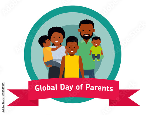 Global Day of Parents banner or sticker. Happy Parents with children. African Americans people. Flat vector illustration.