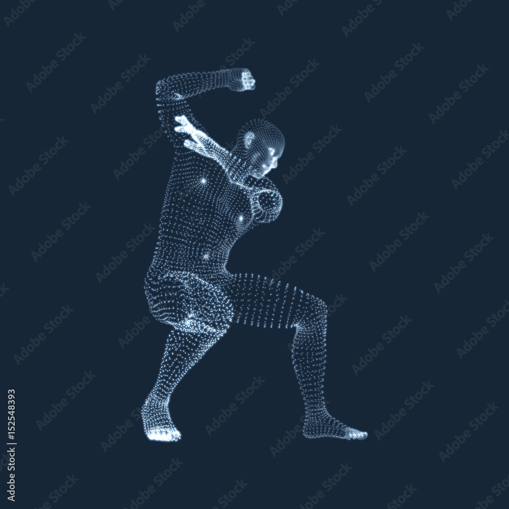 Fighting Man. 3D Model of Man. Human Body Model. Body Scanning. View of Human Body. Vector Graphics Composed of Particles. Fighting Man. 3D Model of Man. Human Body Model. Body Scanning. View of Human Body. Vector Graphics Composed of Particles.