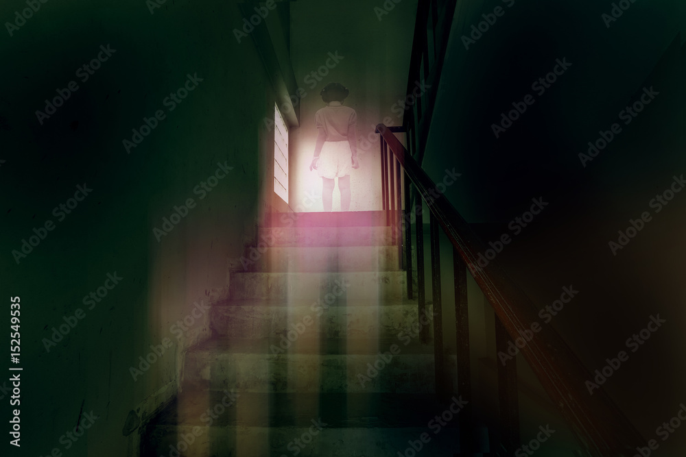 ghost little girl appears on stairs in haunted house, child is confined to death. ghost little girl appears on stairs in haunted house, child is confined to death.