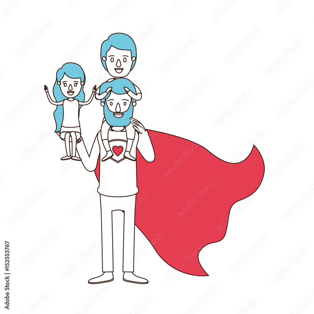 Obraz premium silhouette cartoon with color sections of full body super dad hero with girl on his hand and boy on his back vector illustration