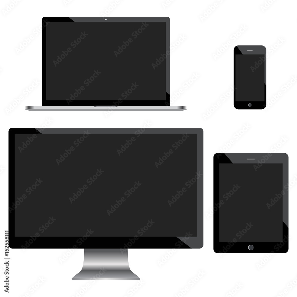 Set of realistic computer monitors, laptop, tablet and mobile phone. Electronic gadgets isolated on white background. Set of realistic computer monitors, laptop, tablet and mobile phone. Electronic gadgets isolated on white background.