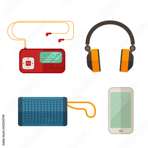 Listening to music devices set in flat design. Musical gadgets icons including headphones, player, smartphone and portative loudspeakers.